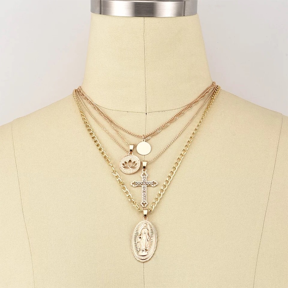 Cross, virgin Mary layered crystal Necklace - Picture 4 of 5